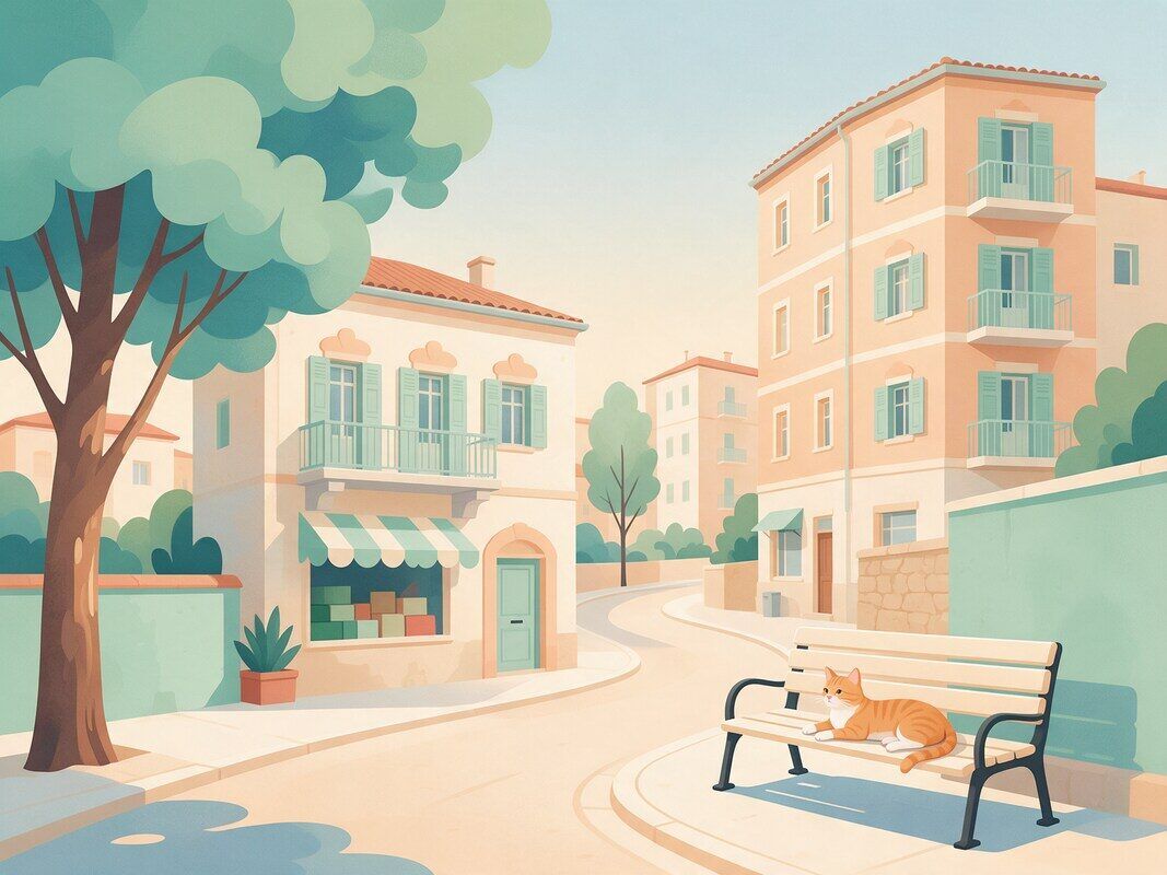 Pastel renklerde bir mahalle sokağı çizimi: apartmanlar, köşe bakkalı, ağaçlar ve bir bank
